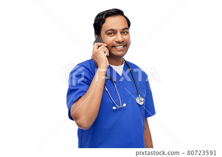 smiling doctor or male nurse calling on smartphone 80723591