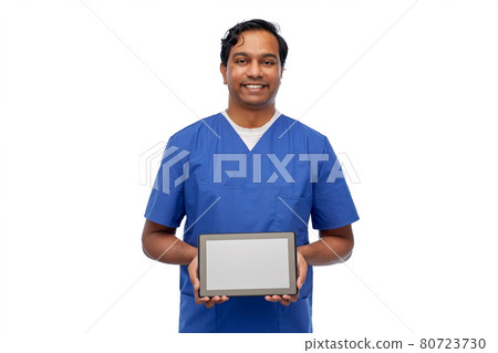 happy doctor or male nurse showing tablet computer happy doctor or male nurse showing tablet computer 80723730
