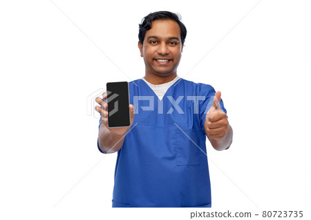 doctor or male nurse with phone showing thumbs up 80723735