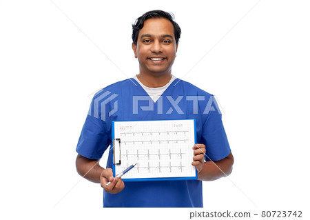smiling male doctor with cardiogram on clipboard smiling male doctor with cardiogram on clipboard 80723742