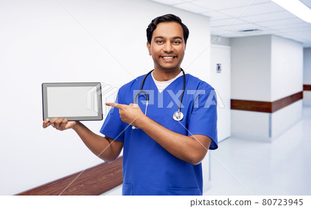 happy doctor or male nurse showing tablet computer 80723945