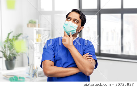indian male doctor in blue uniform and mask 80723957