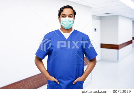 indian male doctor in blue uniform and mask 80723959