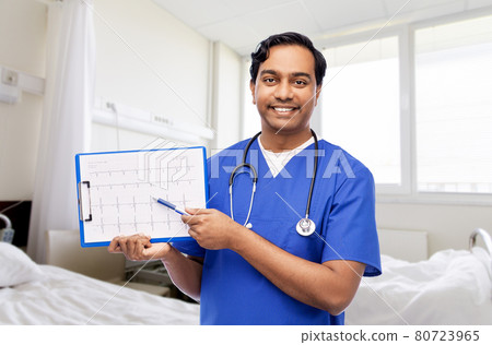 smiling male doctor with cardiogram on clipboard 80723965