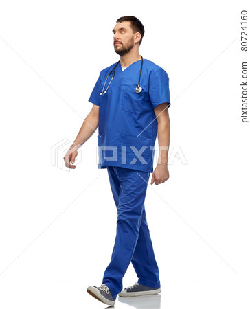 doctor or male nurse with stethoscope walking 80724160