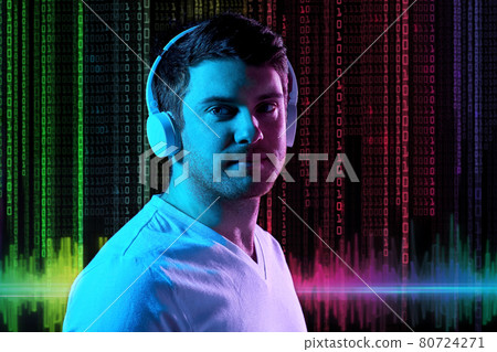 man in headphones over neon lights and binary code man in headphones over neon lights and binary code 80724271