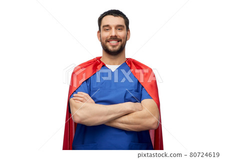 smiling doctor or male nurse in superhero cape 80724619