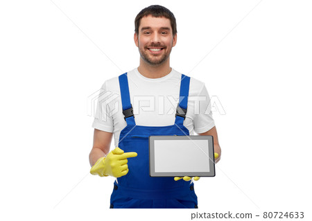 happy male worker or cleaner showing tablet pc happy male worker or cleaner showing tablet pc 80724633