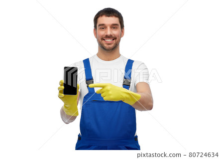 happy male worker or cleaner showing smartphone happy male worker or cleaner showing smartphone 80724634