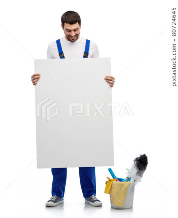 male cleaner with cleaning stuff and white board 80724645