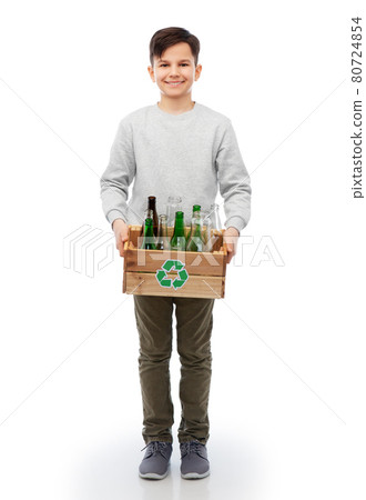 smiling boy with wooden box sorting glass waste 80724854