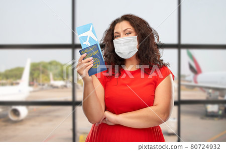 woman in mask with immunity passport and ticket woman in mask with immunity passport and ticket 80724932
