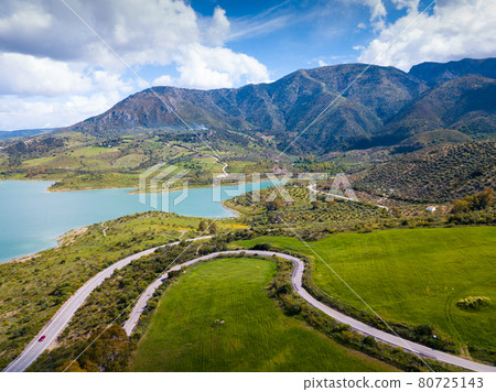 Panoramic view over Embalse de Zahara inland lake, Andalusia, Spain 80725143