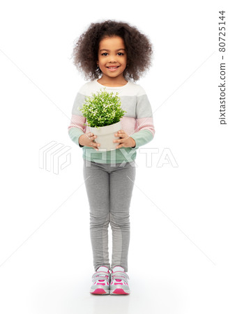 happy smiling girl holding flower in pot 80725144