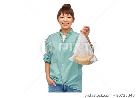 happy woman with bananas in reusable net bag happy woman with bananas in reusable net bag 80725346