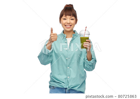 happy smiling asian woman with can drink 80725863