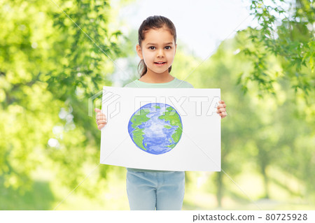 smiling girl holding drawing of earth planet smiling girl holding drawing of earth planet 80725928