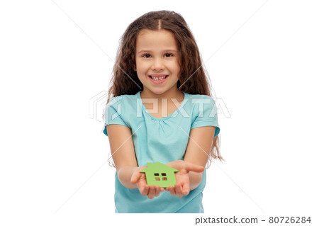 smiling little girl holding green house icon smiling little girl holding green house icon 80726284