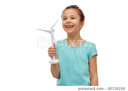 smiling girl with toy wind turbine 80726289