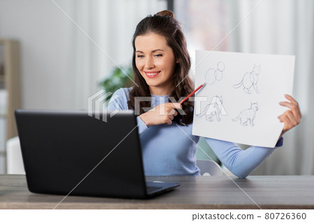 teacher with tutorial having online class of arts teacher with tutorial having online class of arts 80726360