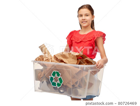 smiling girl sorting paper waste 80726469