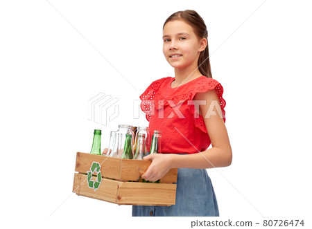 smiling girl with wooden box sorting glass waste 80726474