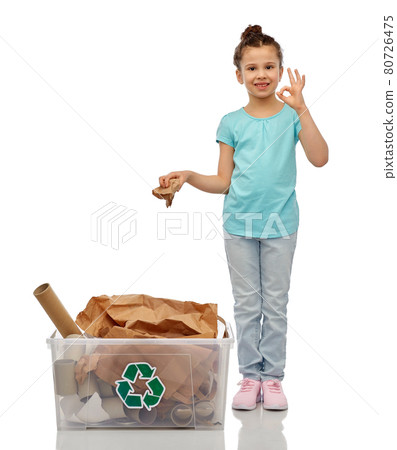 smiling girl sorting paper waste smiling girl sorting paper waste 80726475