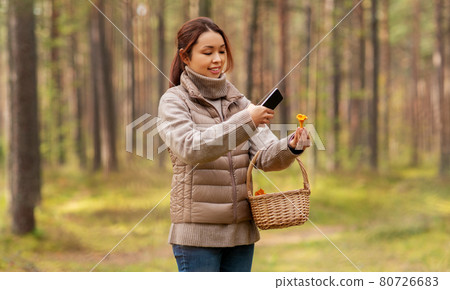 asian woman using smartphone to identify mushroom 80726683
