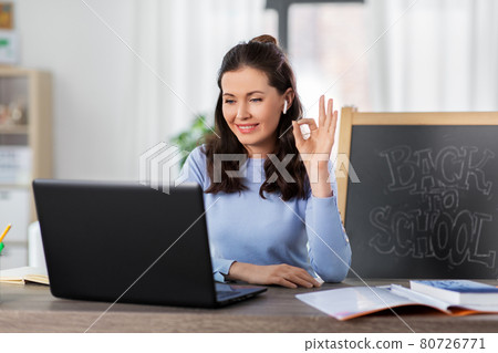 teacher with laptop having online class at home teacher with laptop having online class at home 80726771