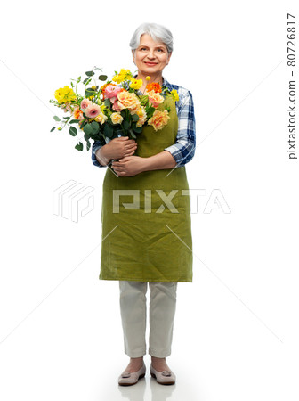 smiling senior woman in garden apron with flowers smiling senior woman in garden apron with flowers 80726817