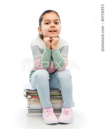 smiling girl with magazines sorting paper waste smiling girl with magazines sorting paper waste 80726953