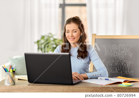 teacher with laptop having online class at home teacher with laptop having online class at home 80726994
