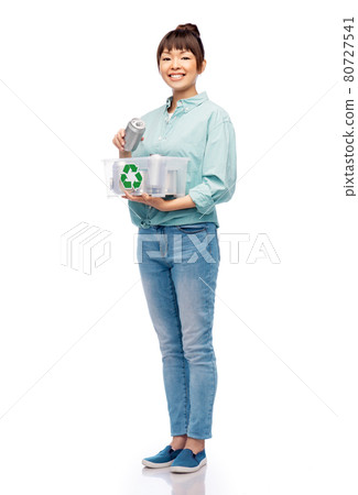 smiling young asian woman sorting metallic waste 80727541