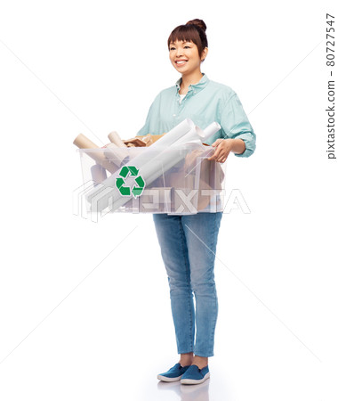 happy smiling asian woman sorting paper waste happy smiling asian woman sorting paper waste 80727547