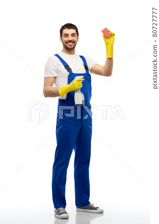 male cleaner cleaning with sponge and detergent male cleaner cleaning with sponge and detergent 80727777