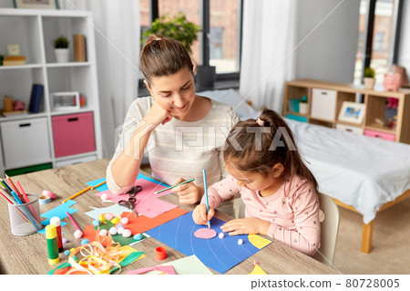 daughter with mother making applique at home daughter with mother making applique at home 80728005