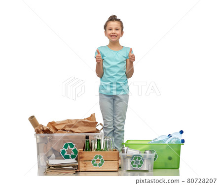 happy girl sorting paper, metal and plastic waste happy girl sorting paper, metal and plastic waste 80728207
