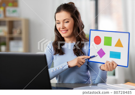 teacher showing shapes in online class at home 80728485