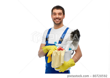 male cleaner in overall with cleaning supplies male cleaner in overall with cleaning supplies 80728592