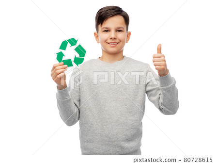 boy with green recycling sign showing thumbs up boy with green recycling sign showing thumbs up 80728615