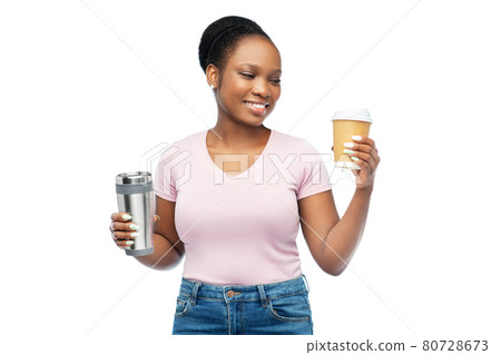 woman with coffee cup and tumbler for hot drinks 80728673