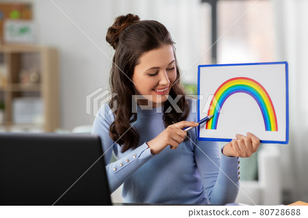 teacher with laptop having online class at home teacher with laptop having online class at home 80728688