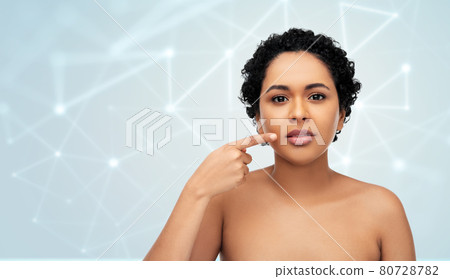 young african american woman pointing to her lips 80728782