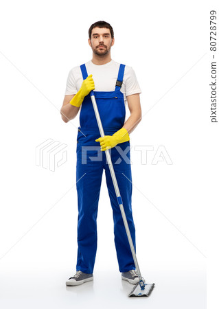 male cleaner in overal cleaning floor with mop 80728799