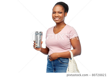 woman with tumbler and food in string bag woman with tumbler and food in string bag 80728821