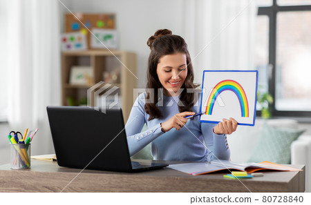 teacher with laptop having online class at home teacher with laptop having online class at home 80728840