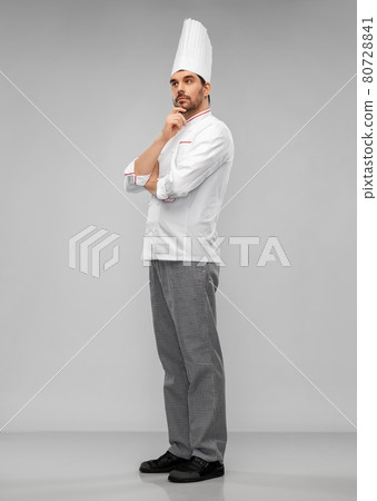 thinking male chef in toque thinking male chef in toque 80728841