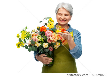 smiling senior woman in garden apron with flowers 80729029