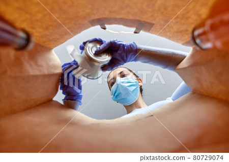 woman in gloves and mask disinfecting food 80729074