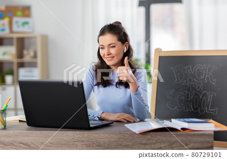 teacher with laptop having online class at home 80729101